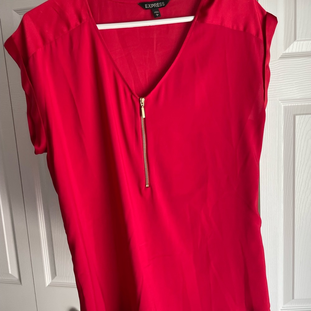 Express Red Blouse with Cap Sleeves and Zipper Detail